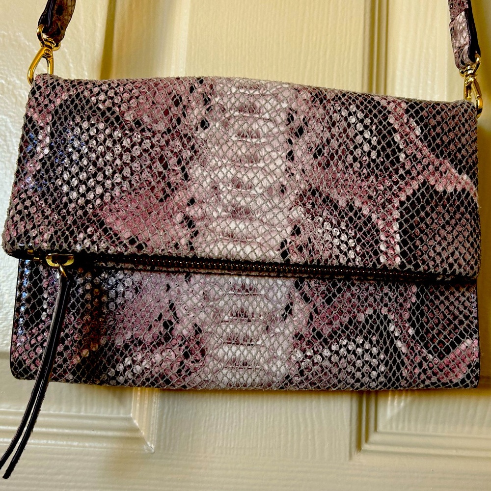 Pink faux leather snakeskin crossbody with tons of storage